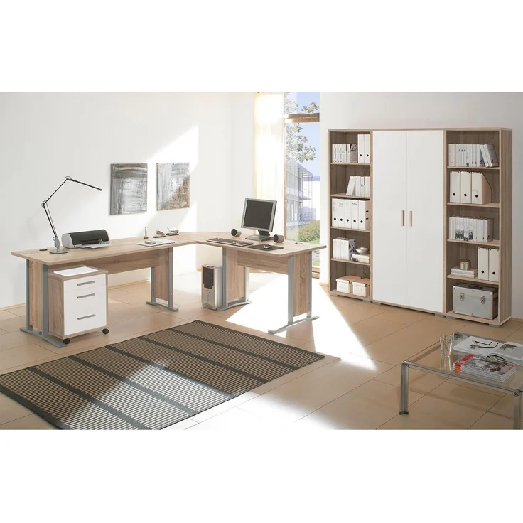 Büro Office Line Büromöbel Komplett Set in Eiche Sonoma kombiniert mit Weiß oder Eiche Sonoma – verschiedene Varianten wählbar - 5 teilig , Eckschreibtisch + Rollcontainer + 2x hohes Aktenregal + Aktenschrank hoch , weiß – Bild 5