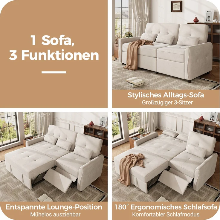 DESVIAE Schlafsofa 3-Sitzer Beige aus Chenille – 176x83x148 cm – Ausziehfunktion, 3-fach verstellbare Rückenlehne – Bild 5