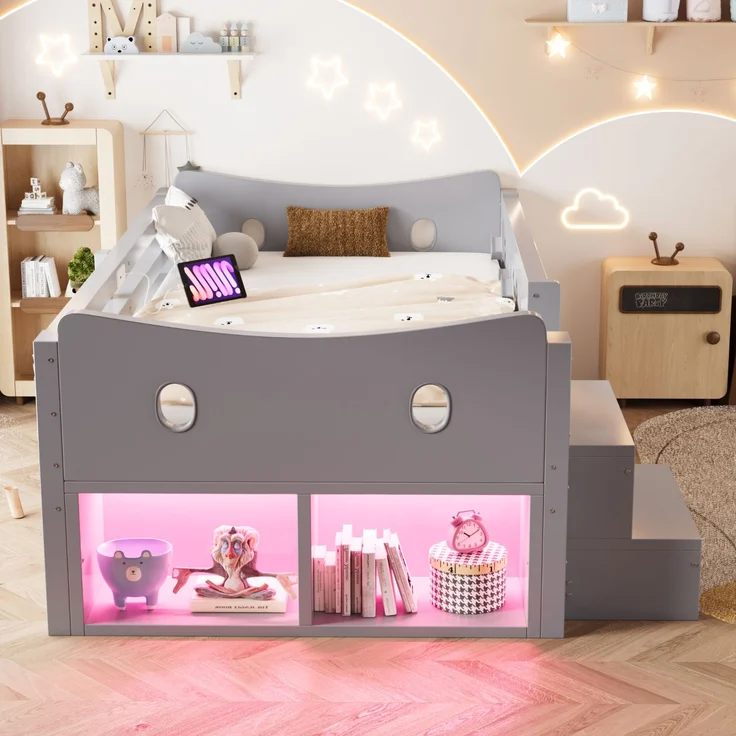 Kinderbett 90×200 cm mit Sicherheitsgittern, Stauraum und LED, Grau, ohne Matratze – Bild 2