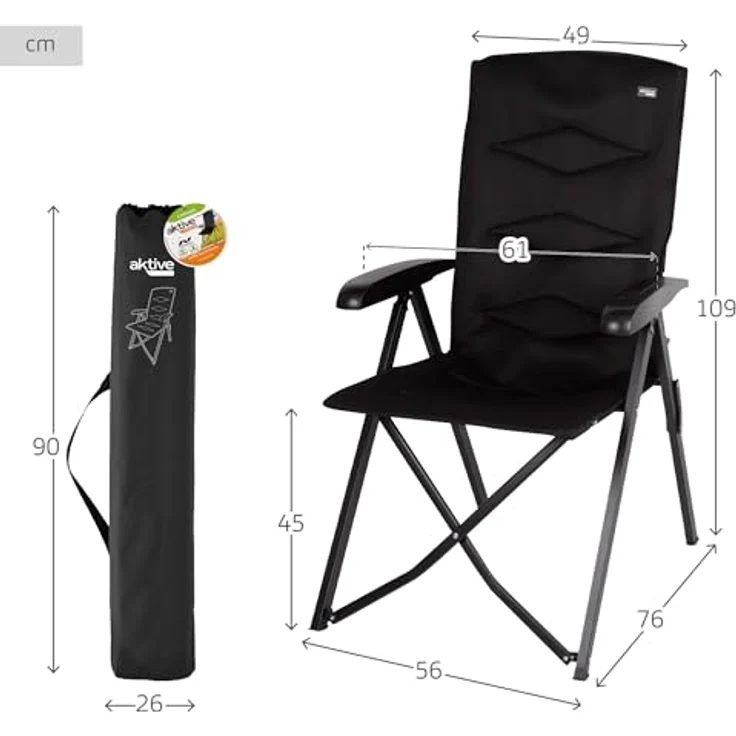 AKTIVE Gepolsterter Klappstuhl, Schwarz, 49 x 76 x 109 cm, 5 Positionen, Tragkraft 110 kg, Rutschfeste Stopper, Aluminiumrahmen, Polyestergewebe, Klappstühle, Inkl. Tragetasche (63058) – Bild 3