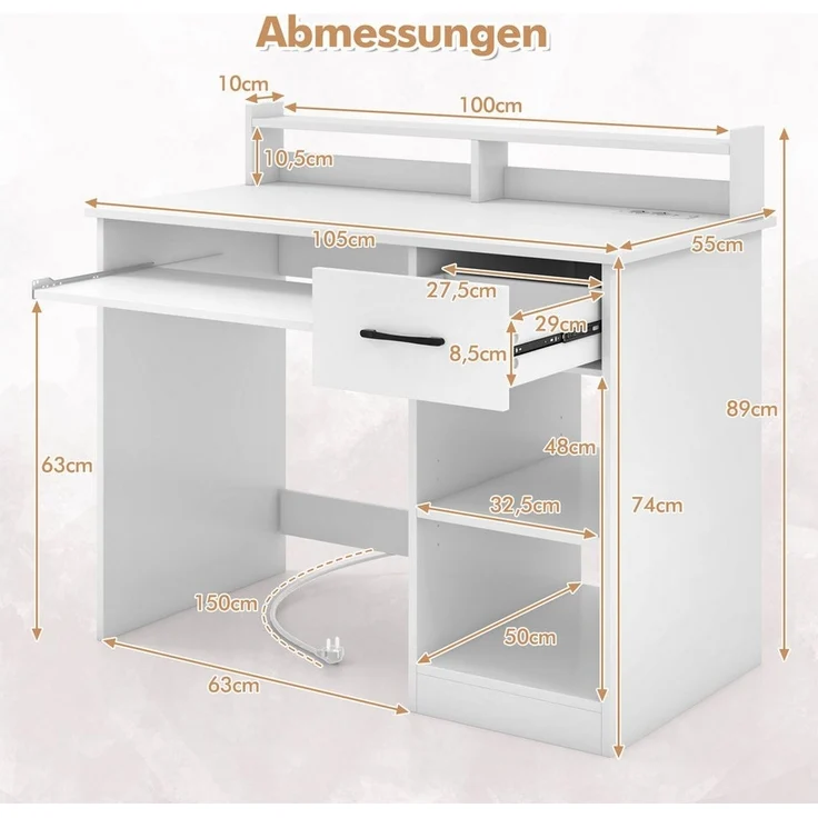 COSTWAY Schreibtisch, mit Ladestation, USB, Tastaturablage 105x55x89cm – Bild 2