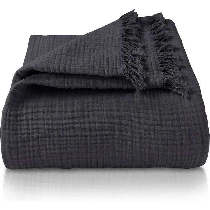 Laynenburg Tagesdecke Musselin mit Fransen aus 100% Baumwolle – Baumwolldecke, Wohndecke als Sommerdecke, Bett-Überwurf, Sofa-Decke, Kuscheldecke – Bild 1