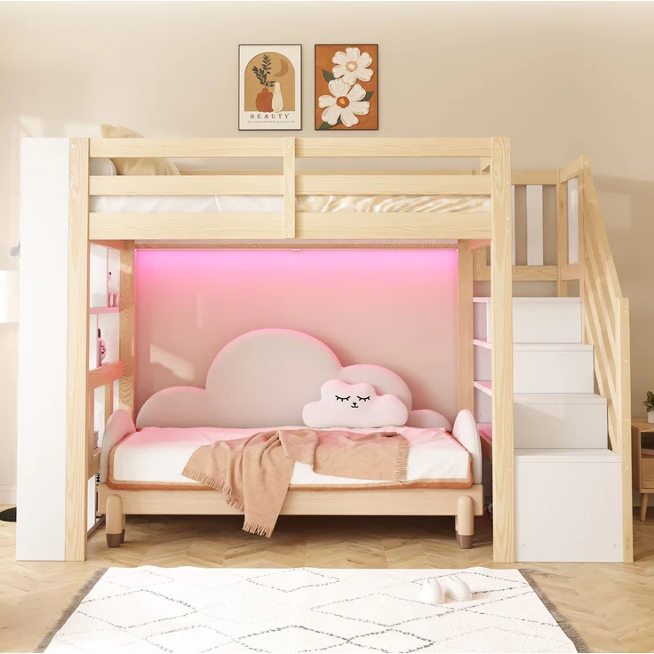 Bett als Hochbett 90x200 cm aus Kiefernholz und MDF mit Stauraum und LED, ohne Matratze – Bild 3