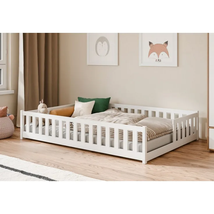 Kids Collective Kinderbett Bodenbett mit Rausfallschutz & Lattenrost Montessori Betten Kinder (Verfügbare Größen: 80 x 160, 80 x 180, 90 x 190, 90 x 200, 120 x 200, 140 x 200 cm), Jugendbett Einzelbett Kiefer Weiß 140x200 cm