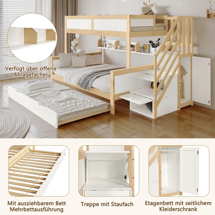 Merax 90x200&120*200cm Etagenbett, Kinderbett, mit Fallschutz und Gitter, Entworfen mit drei Bettpositionen, mit Rollbett, mit Kleiderschrank, Ecktreppe, Kiefer+MDF, Weiß+Natur – Bild 6