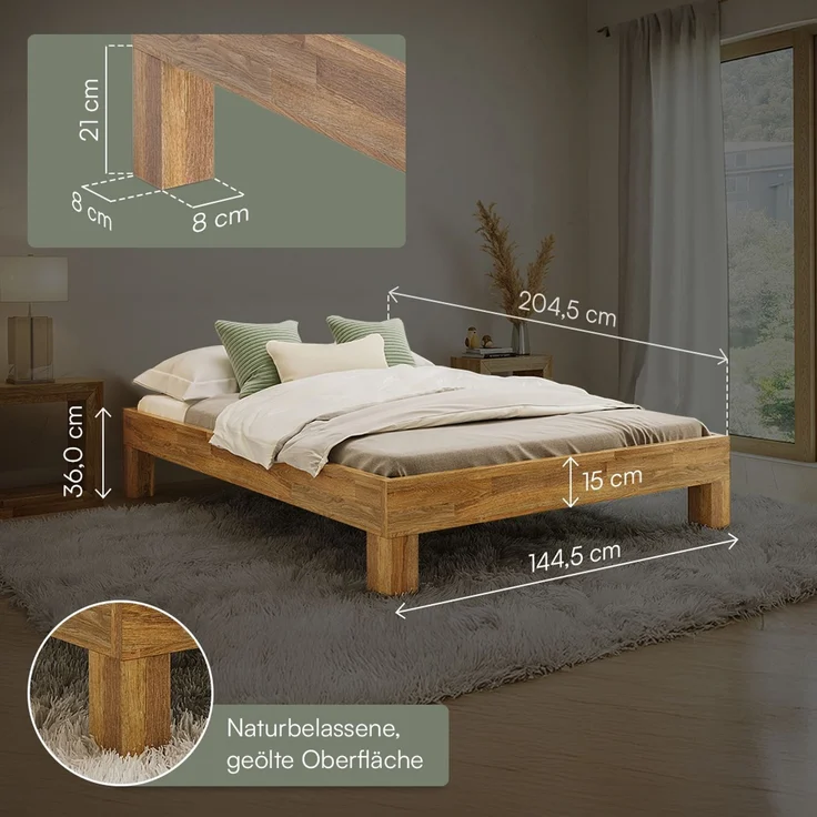 skølm 'Floki' Bett 140x200 cm, Bettgestell, natur geölt, Massivholzbett aus Eiche, geeignet als Doppelbett – Bild 5
