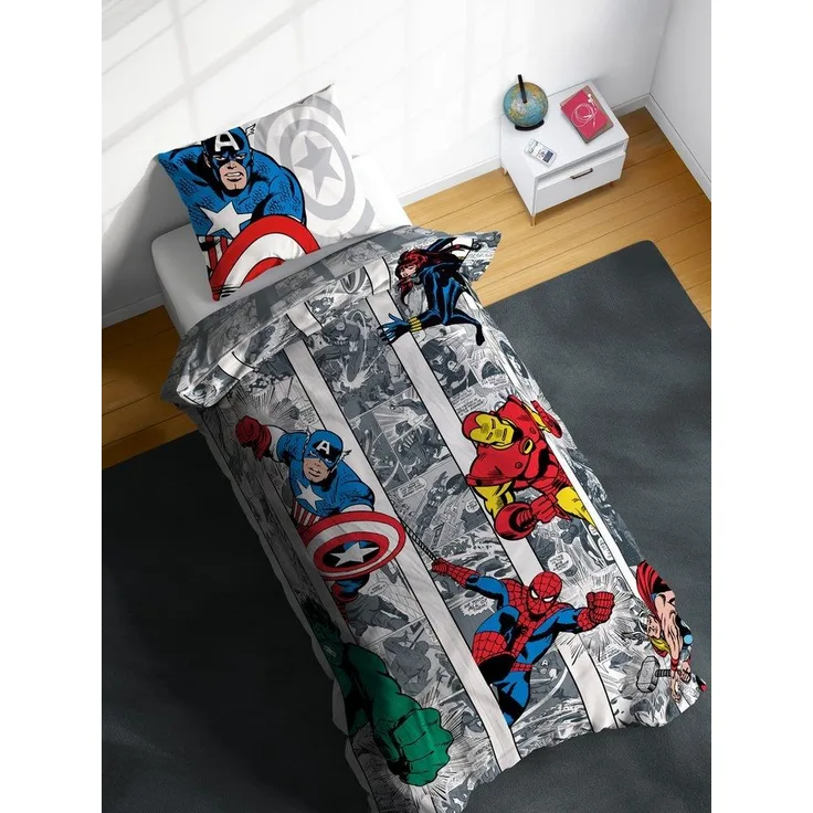 MARVEL Kinderbettwäsche Marvel Comics Bettbezug-Set 135x200 cm + Kissenbezug 80x80 cm, Washed Cotton, 2 teilig, 100 % Baumwolle, maschinenwaschbar, wendbar