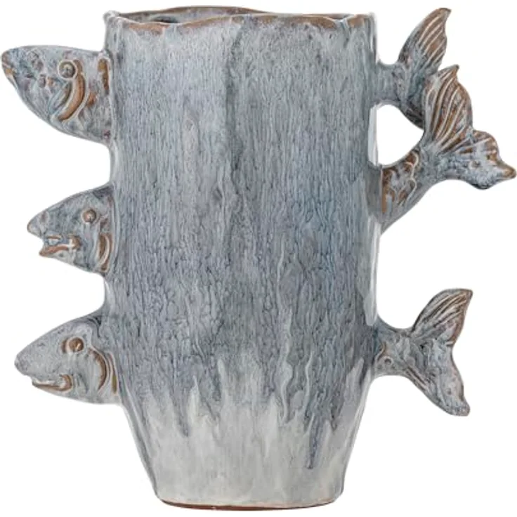 Bloomingville Vase TACE, Blaue Keramik Blumenvase mit Fischdesign, 23 cm