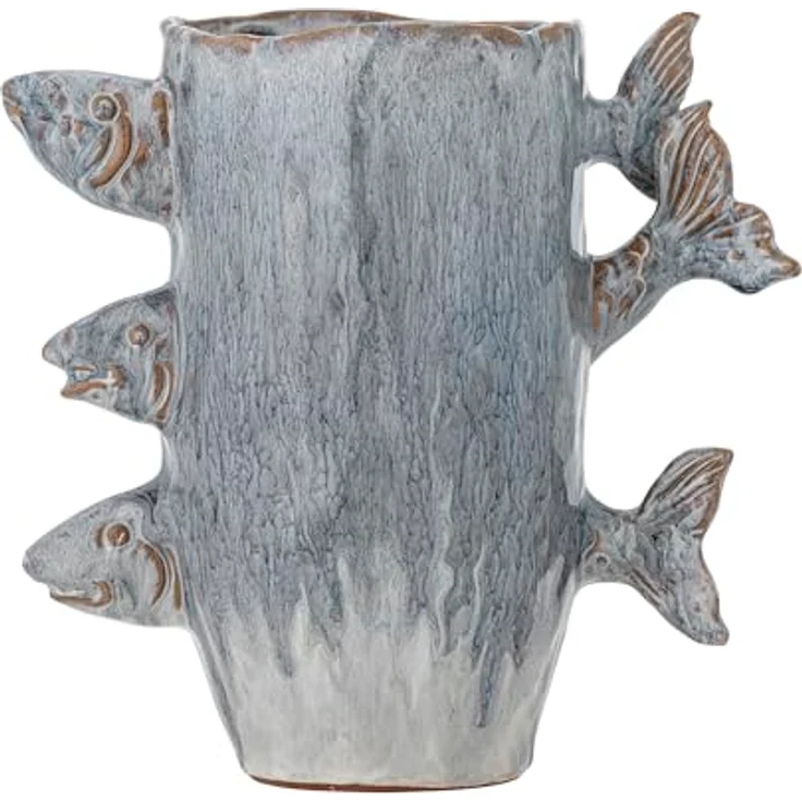 Bloomingville Vase TACE, Blaue Keramik Blumenvase mit Fischdesign, 23 cm – Bild 1