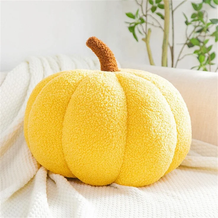 1 Stück – Kürbis-Plüschkissen, Halloween-Dekokissen, weich, rund, ca. 20 cm, Gelb – Bild 1