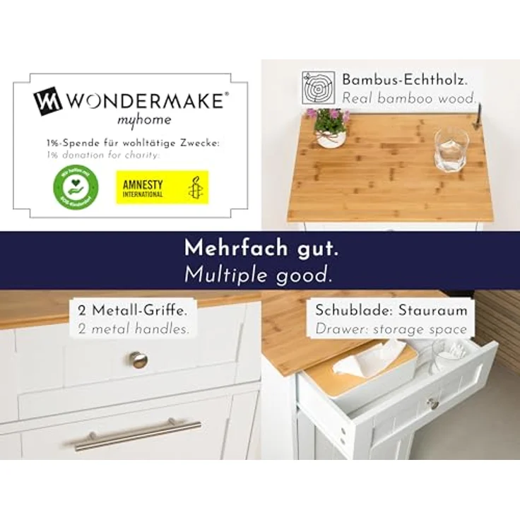 WONDERMAKE Wäschebox Mülleimer-Schrank, hoch aus weißem MDF und Bambus mit Schublade, 51 x 37 x 82 cm, klappbar – Bild 5