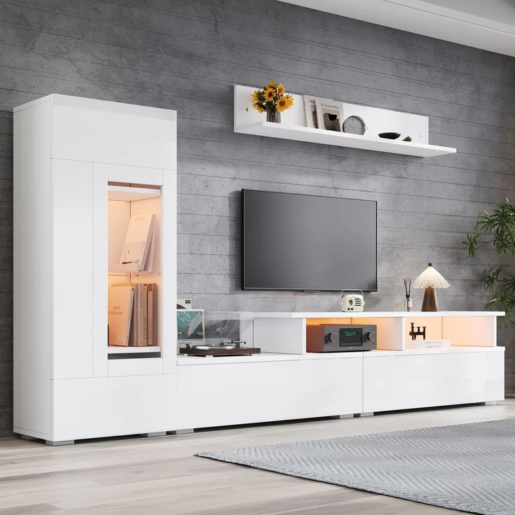 TV Wohnwand Set 3-teilig LED Beleuchtung Hochglanz Wohnzimmer Möbel Set Frontale Wohnwand 1 x TV Schrank, 1 x Wohnzimmer Vitrine, 1 x Hängeregal, TV bis 75' Weiß--Weiß--130x46x15.49cm--YOUDENOVA – Bild 1