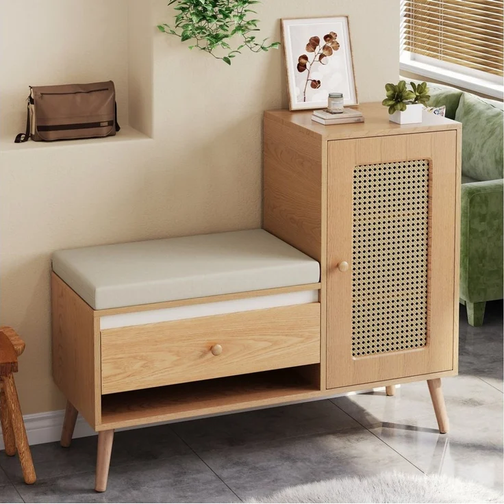 STILVORA Schuhschrank Rattan Garderobenbank mit Schuhschrank und Sitzpolster eine Schranktür (Schuhregal mit Schubladen & offenen Fächern, Mehrstufiges, multifunktionales Aufbewahrungssystem) Atmungsaktives und staubdichtes Design – Bild 2