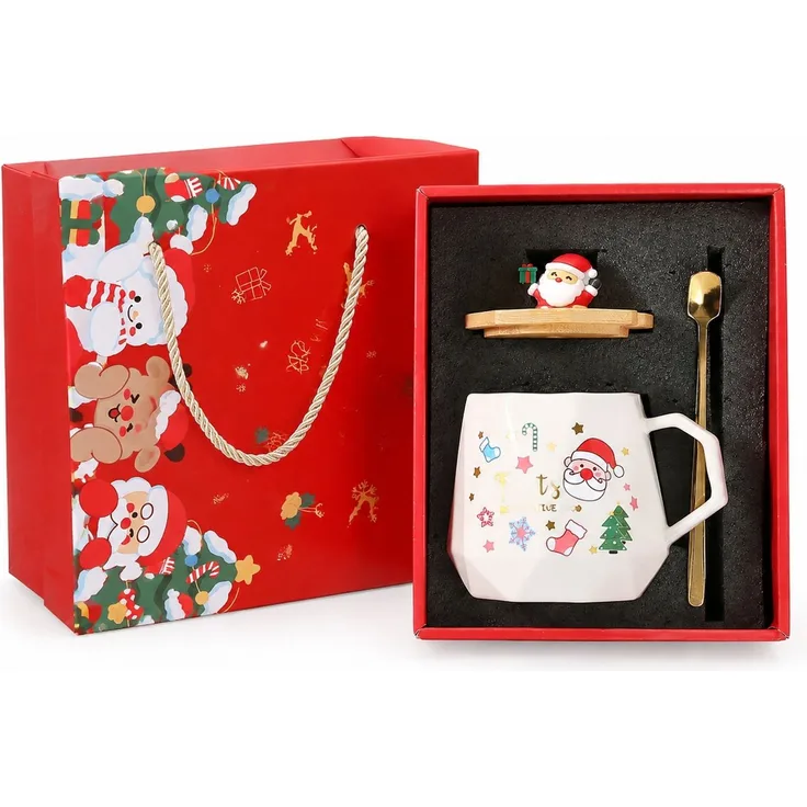 Weihnachts-Kaffeetasse Geschenkset aus Keramik mit Deckel und Löffel Weihnachtsmann Motiv in Geschenkbox Rot 28 x 16 x 23 cm
