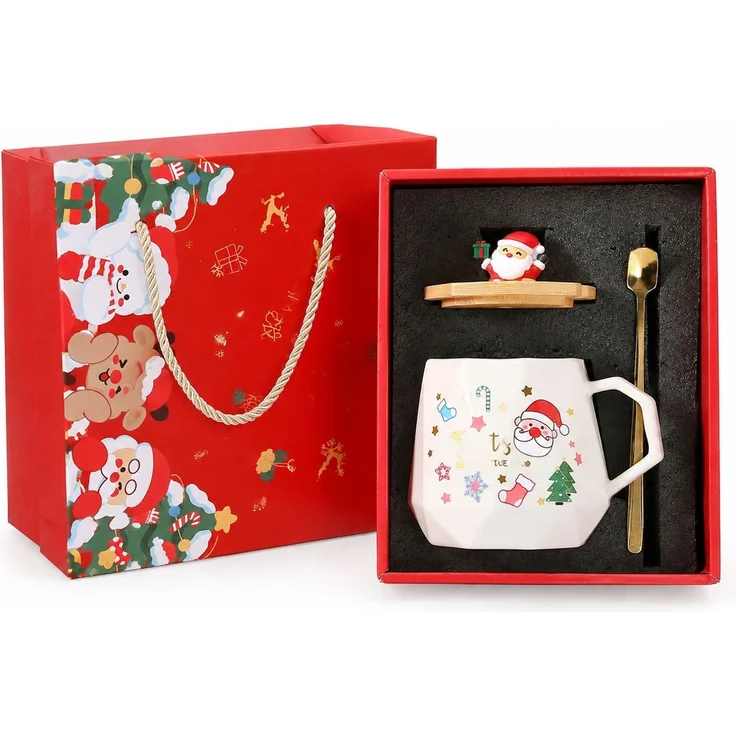 Weihnachts-Kaffeetasse Geschenkset aus Keramik mit Deckel und Löffel Weihnachtsmann Motiv in Geschenkbox Rot 28 x 16 x 23 cm – Bild 1