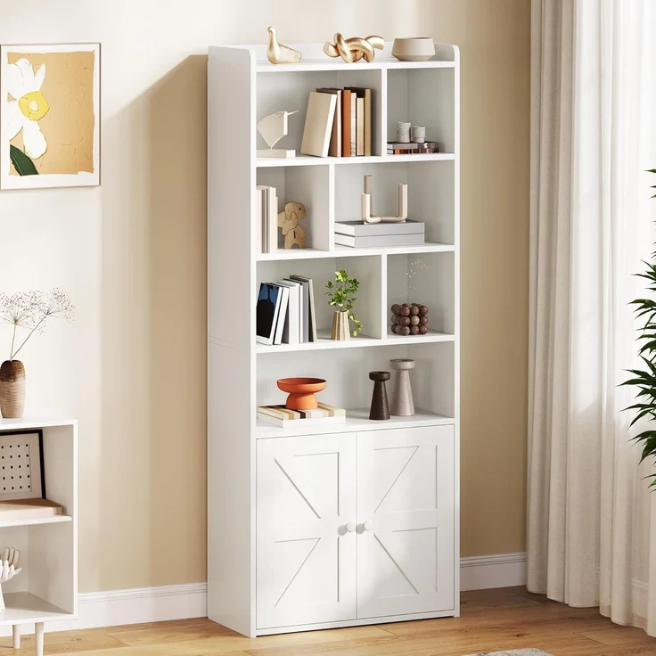 YITAHOME 4-stöckiges Bücherregal mit Türen und Schrank, freistehendes Bücherregal mit offenen Fächern für Zuhause, Büro, Wohnzimmer und Schlafzimmer, Weiß, 60 x 30 x 159 cm – Bild 1
