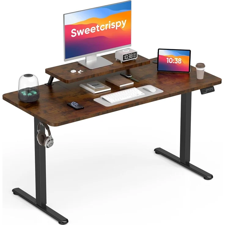 Sweetcrispy Höhenverstellbarer Schreibtisch mit Monitorständer, 140x60 cm Schreibtisch Höhenverstellbar Elektrisch, Ergonomischer Steh-Sitz Tisch, Computertisch Standing Desk, Vintagebraun – Bild 1
