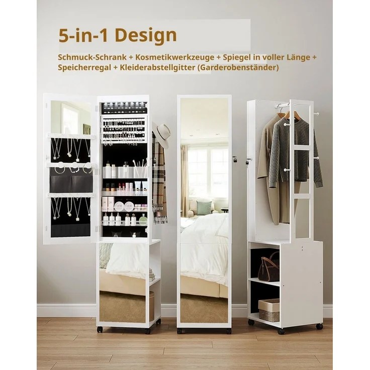 HZUANERI Schmuckschrank Spiegelschrank, stehender Schmuck-Organizer mit 1 Kleiderständer 3-stufige Ablageflächen mit 4 Kleiderhaken, weiß und Schwarz – Bild 3