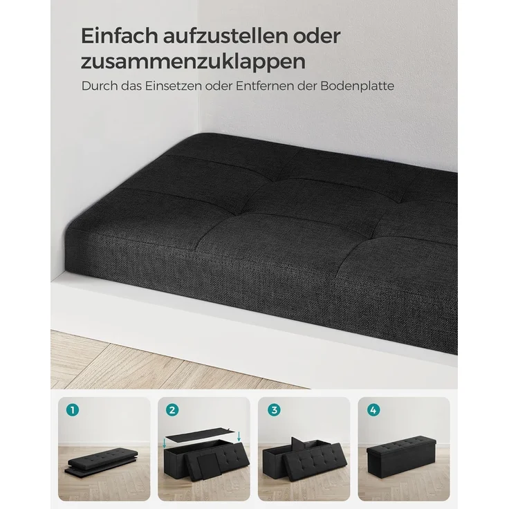 Songmics Sitzbank mit Stauraum, Sitztruhe, Aufbewahrungsbox, faltbar, max. statische Belastbarkeit 300 kg, mit Trenngitter aus Metall, 120 L, 110 x 38 x 38 cm, Leinenimitat, schwarz – Bild 7