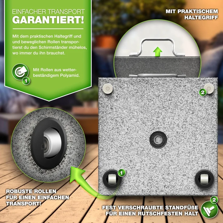 tillvex® Granit Sonnenschirmständer mit Rollen & Transportgriff Grau - 27 kg Eckig | Schirmständer Sonnenschirm mit Edelstahlrohr | Balkonschirmständer für Schirmstöcke 16-48 mm & 250 cm Schirmdurchmesser – Bild 4