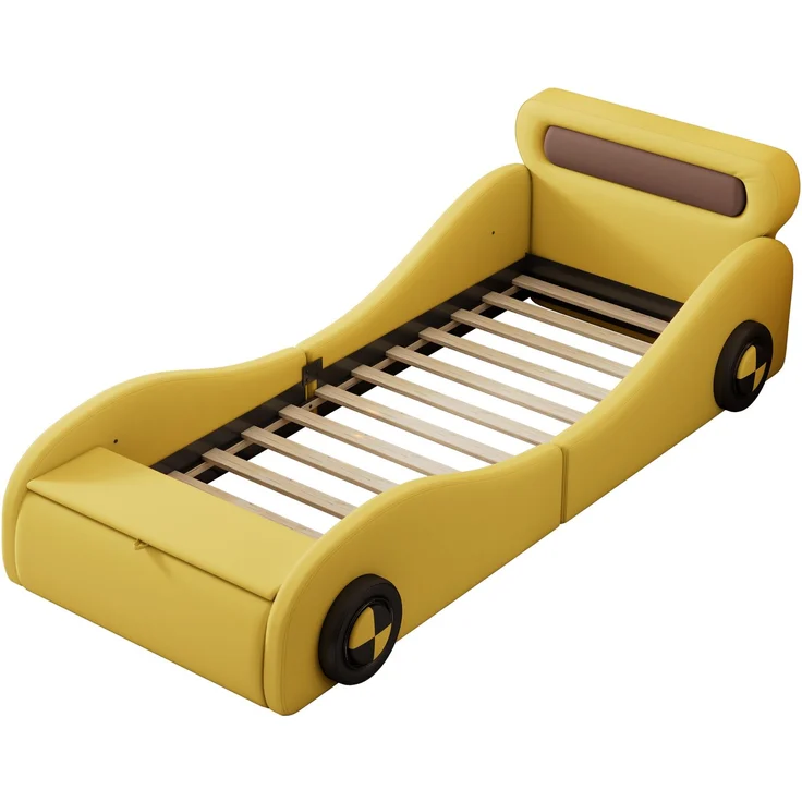 Polsterbett, 90x200cm Einzelbett, Kinderbett, Jugendbett, Polsterbett in Form eines Autos mit leuchtenden Rädern und Stauraum, PU, Ohne Matratze, Gelb – Bild 8