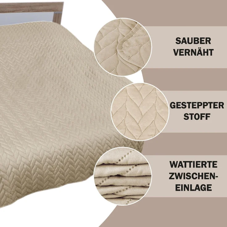 Tagesdecke XXL (220x240 cm) mit wattierter Zwischenlage (Beige) Bettüberwurf - ÖKO-Tex 100, Sommerdecke gesteppt - Steppdecke, Wendedecke – Bild 4
