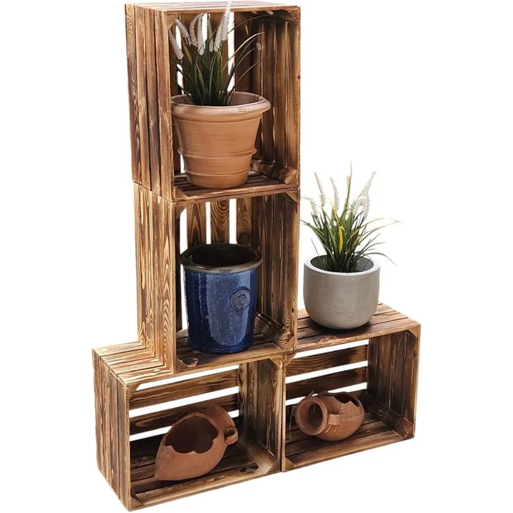 Holzkisten Geflammt 50 x 40 x 30cm im praktsichen 4er Set