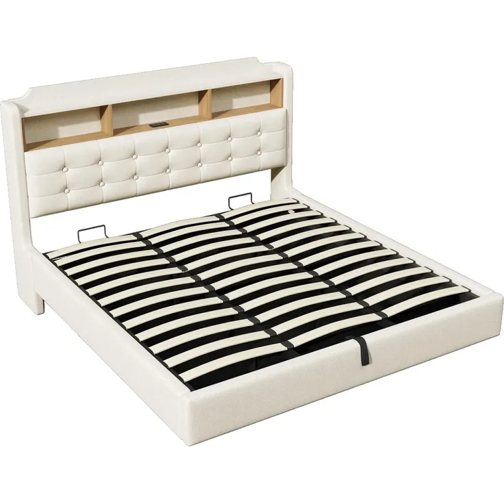 Polsterbett mit LED-Streifen, Type-C, USB und Stauraum, in schwebender Optik, gepolsterter Kopfteil, 180x200 cm, Doppelbett, Stauraumbett, Leinen – Bild 8