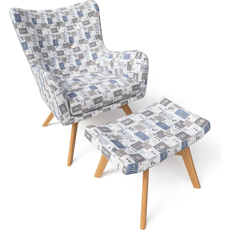 Supellex Sessel Manhattan mit Hocker | Design Patchwork maritime Motive