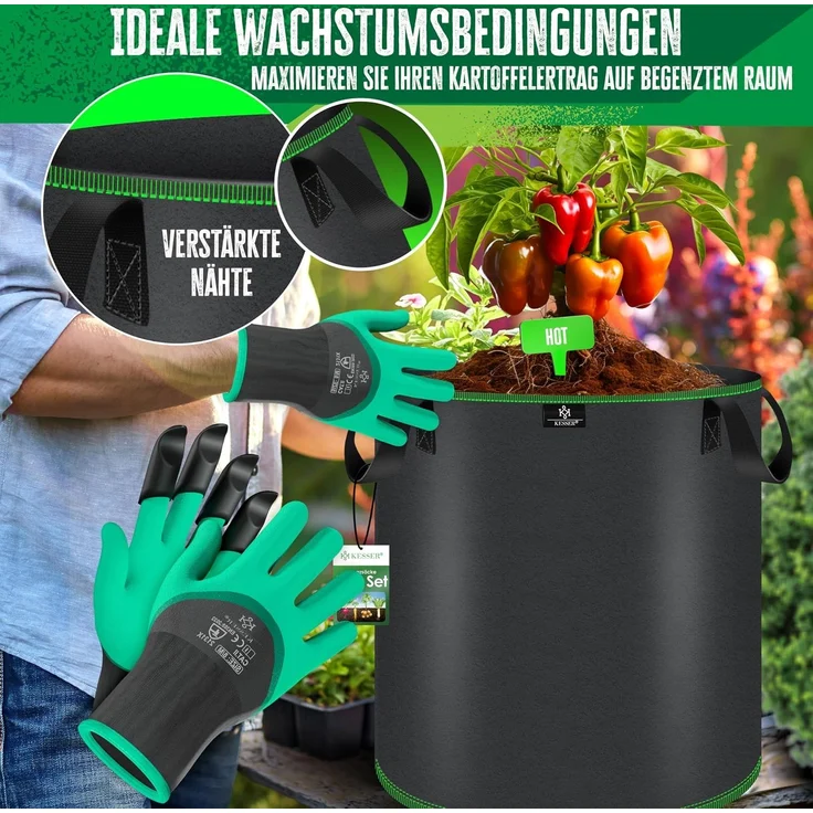 KESSER® Pflanzsack | Pflanzsäcke aus Vlies-Stoff mit Namensschildern | Kartoffel-Pflanztasche mit Fenster & Griffen | Pflanzbeutel für Gemüse Blumen Früchte Schwarz, 27 Liter, 5er Set – Bild 5