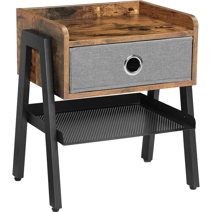 Nachttisch, Beistelltisch, Couchtisch, Regal mit herausnehmbarer Stoffschublade, Gitterablage, Metallrahmen, für Wohnzim – Bild 1
