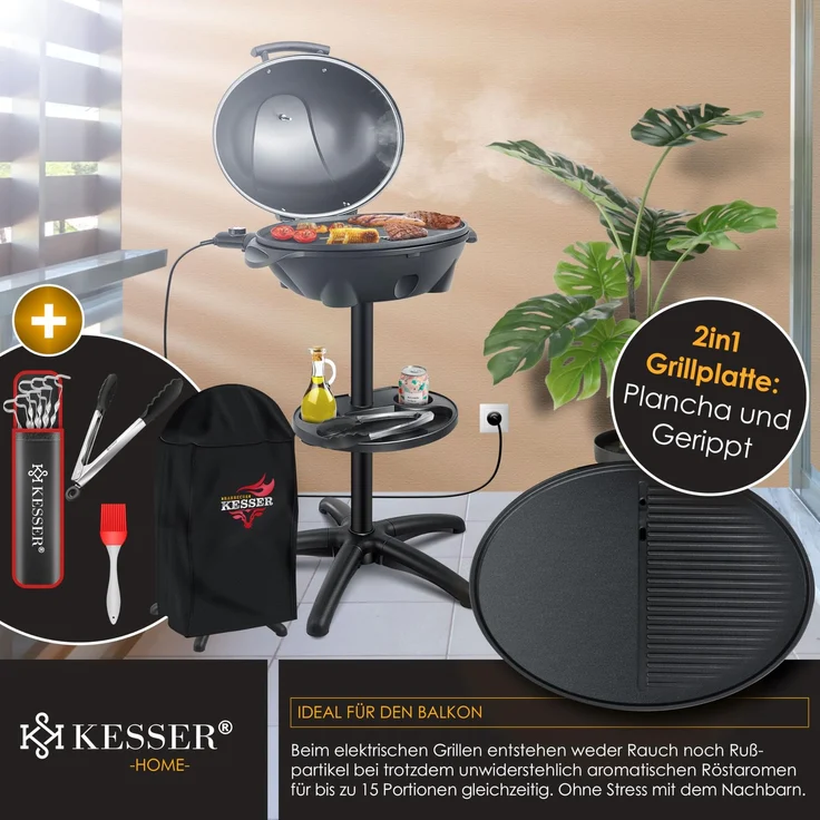 KESSER® elektrischer Elektrogrill 2in1 Tischgrill - Standgrill mit Deckel Standfuß | max. 2400 Watt Thermometer | Antihaftbeschichtung | XXL Grillplatte | integrierte Ablagefläche Elektro-Säulengrill Schwarz - Set – Bild 4