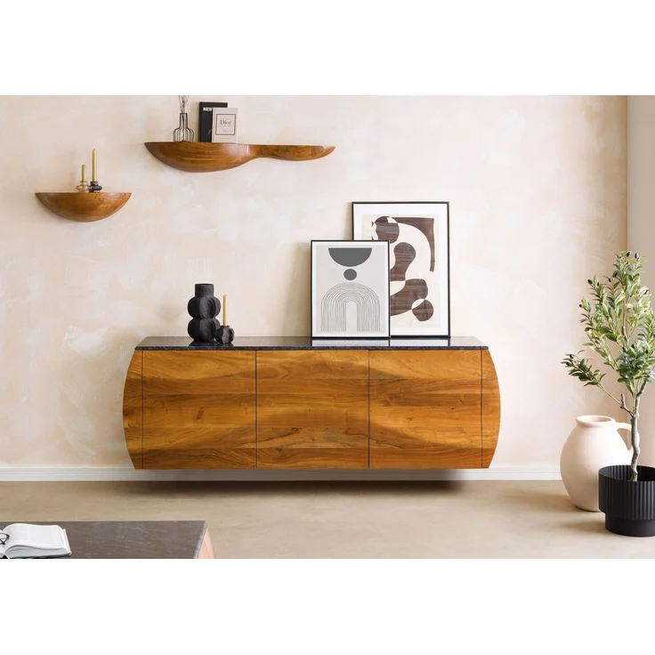 Sideboard Akazie 184x40x75 natur lackiert / Marmor schwarz MONTREAL #127 – Bild 2