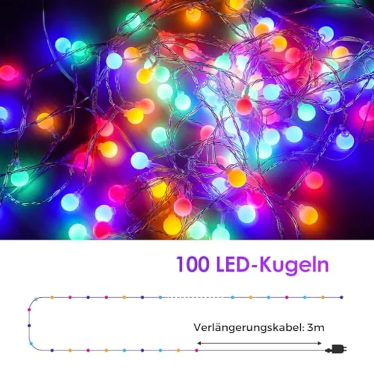 100 LED Lichterkette Strombetrieben,15M Lichterkette Kugel RGB mit Stecker für Außen und Innen,IP44 Wasserdicht Lichterketten mit Dimmbar Fernbedienung,Ideal für Zimmer,Weihnachten,Party,Garten – Bild 4