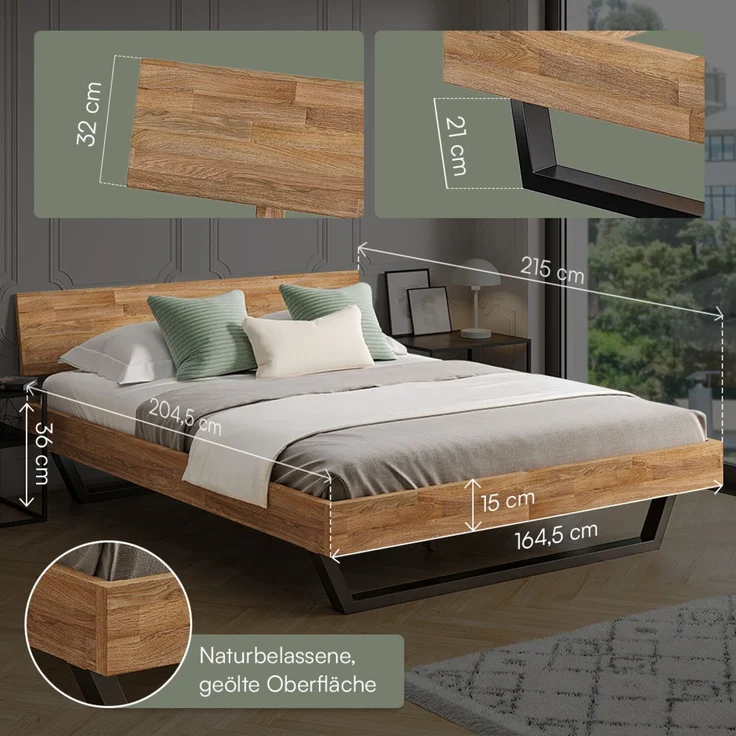 skølm 'Alver' Bett 160x200 cm, Bettgestell, natur geölt, Massivholzbett aus Eiche mit Metallkufen, Doppelbett mit durchgehendem Bettkopf – Bild 6
