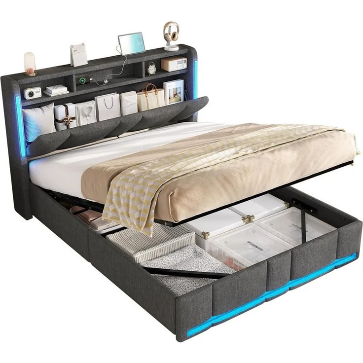 MSMASK Polsterbett Hydraulischem Stauraumbett mit LED Beleuchtung & Steckdosen (1-tlg, Ohne Matratze), Reichlich Lagerplatz unter dem Bett & am Kopfteil, 140x190 cm – Bild 5
