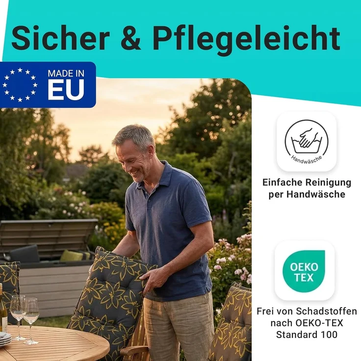 NYVI Hochlehnerauflage Hochlehner Auflagen 4er Set Barcelona - Gartenstuhlauflagen 118x50cm, (4 St), Stuhlauflage, Sitzauflage mit Halteband, UV-fest – Bild 6