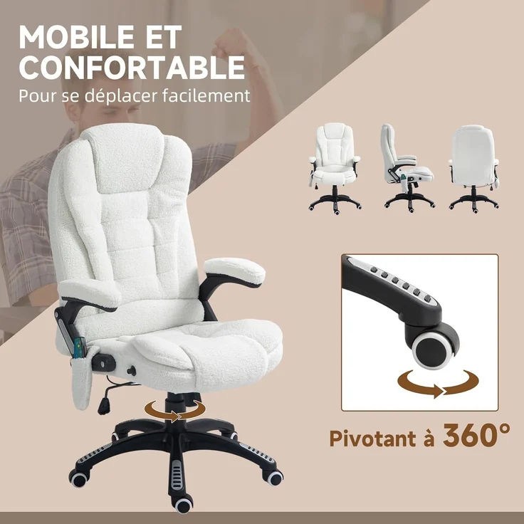 Vinsetto Bürostuhl, Massagesessel, beheizt, Bürostuhl, ergonomischer Stuhl mit Verstellbarer Höhe, neigbare Rückenlehne und Fernbedienung, kabelgebunden, 360° drehbar, Polyestergewebe, Weiß – Bild 8