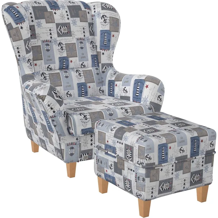 Supellex Sofia Ohrensessel mit Hocker Design Patchwork maritime Motive