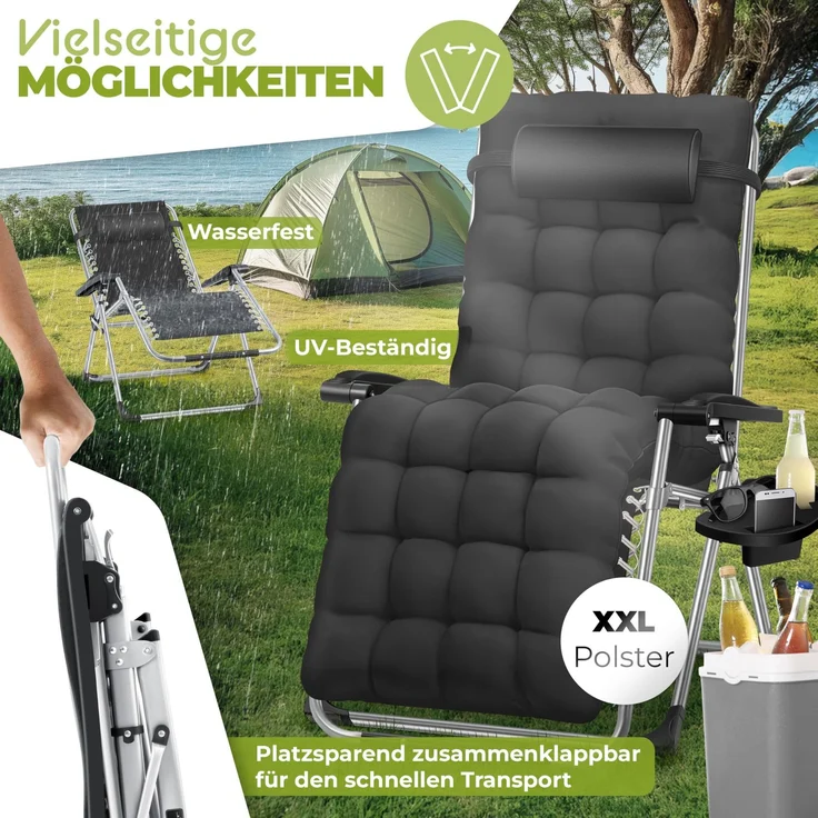 KESSER® Sonnenliege, klappbar, mit Getränkehalter, mit Auflage Polster & Kissen, verstellbare Rückenlehne, Schwarz, 77cm x 72cm x 180cm – Bild 6