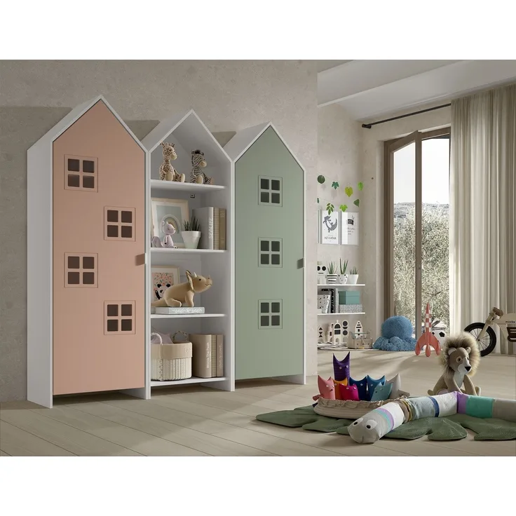 Kleiderschrank >CASAMI BRUGES< in Korpus Weiß / Front Pink u. Grün, MDF