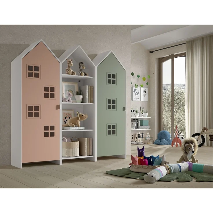 Kleiderschrank >CASAMI BRUGES< in Korpus Weiß / Front Pink u. Grün, MDF – Bild 1