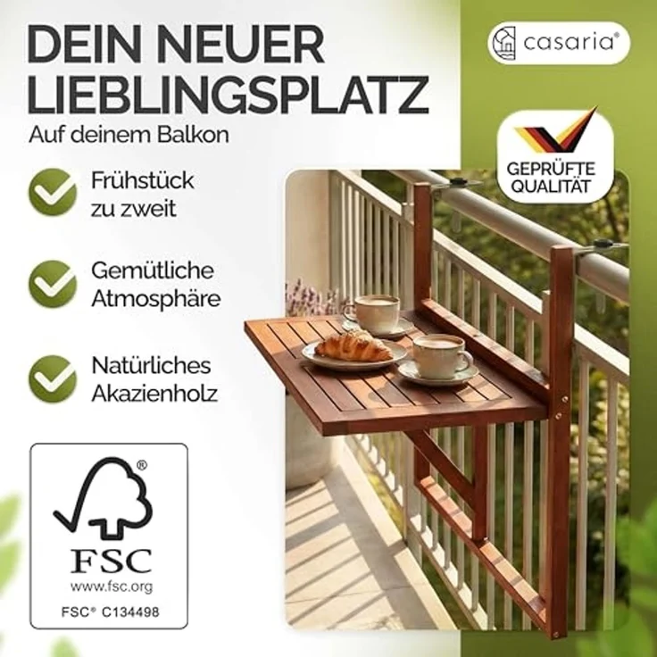 Casaria Balkontisch Balkonhängetisch Balkon Tisch klappbar Akazie Holz – Bild 4