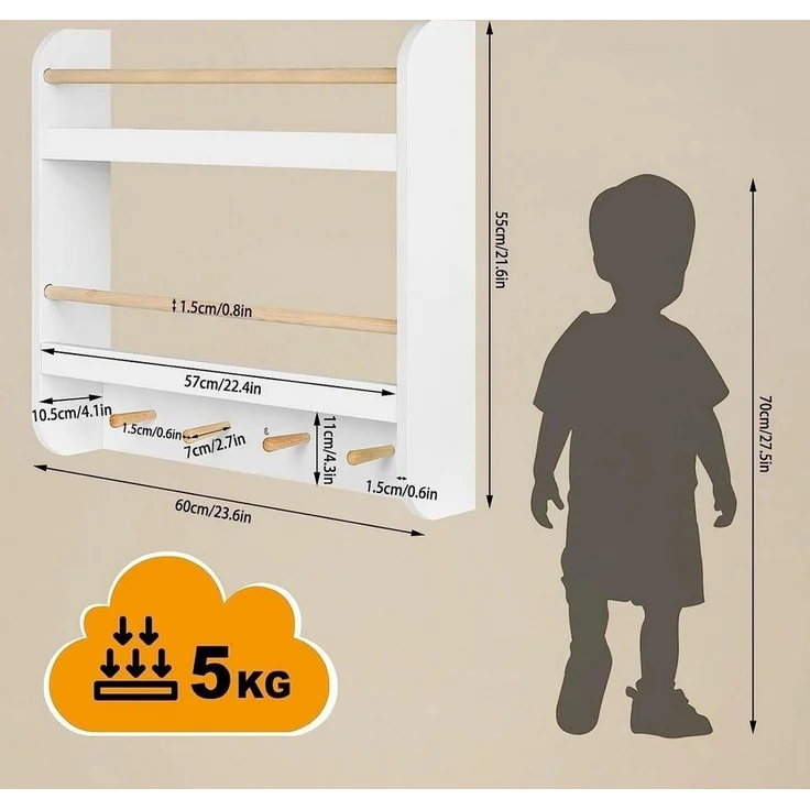 Woltu Kinderregal, 1-tlg, Bücherregal Wandregal mit 2 Ablagen 4 Hake aus MDF – Bild 2
