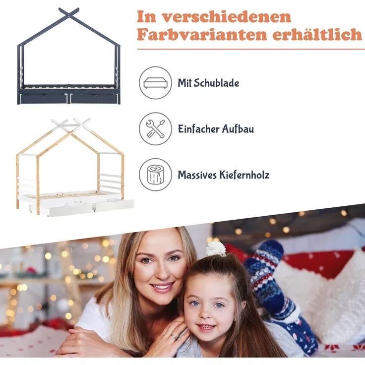 Bett 90x200 cm Hausbett aus Kiefernholz mit Schubladen – platzsparendes Kinderbett in Weiß – Bild 4