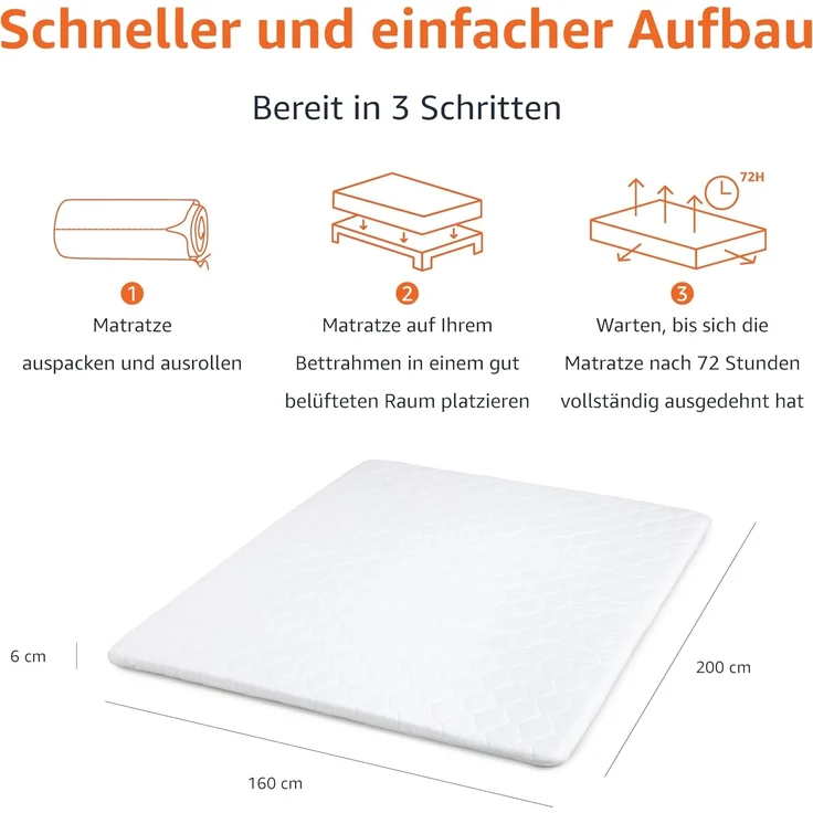 Amazon Basics Matratzentopper Komfortschaum 160 x 200 x 6 cm, Topper mit Waschbarem Bezug, Weiß – Bild 3