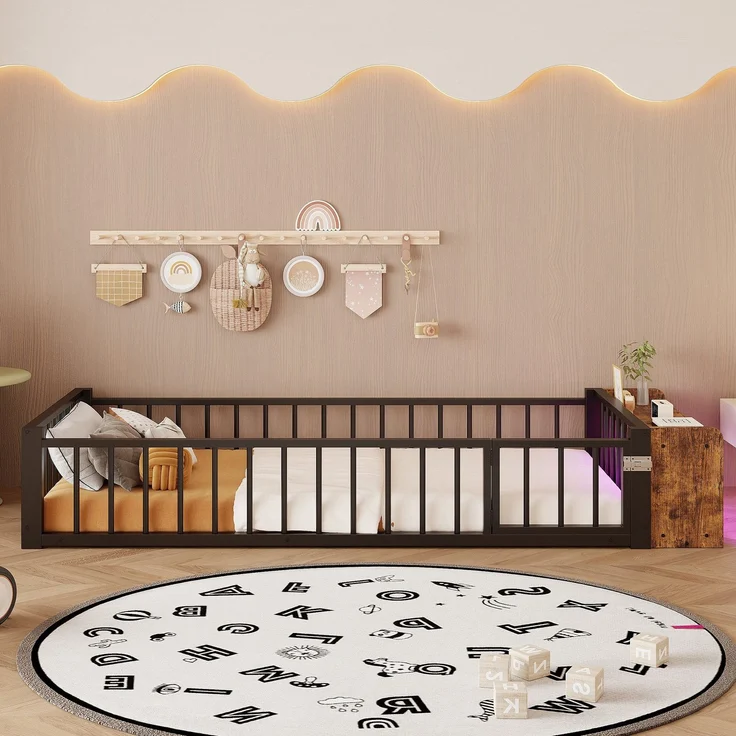 Kinderbett mit LED-Streifen, Regal, Zaun, Lattenrost und Tür, 90x200 cm, Einzelbett mit Rausfallschutz, Metallbett – Bild 2