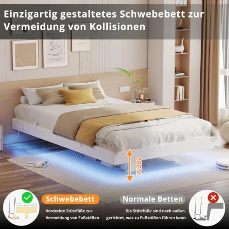 IRONCK Bettgestell 120x200 cm, Schwebender Bett mit LED Beleuchtung, Gepolsterte Seitenwände, 2 AC-Steckdosen, 2 USB-A-Anschluss, 1 USB-C-Anschluss, Metallbett mit Lattenrost Einzelbett, Weiß – Bild 4