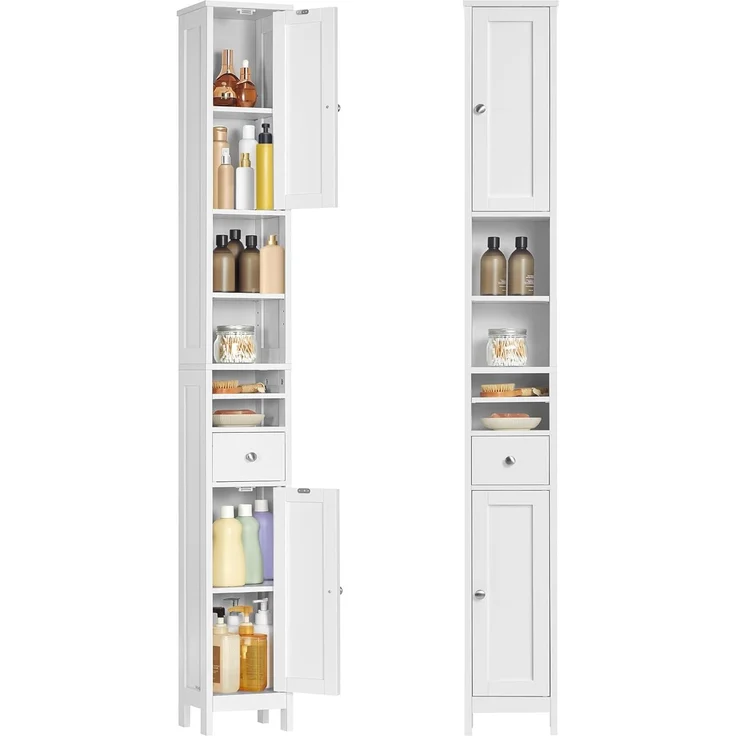 VASAGLE Badezimmerschrank, Badschrank, hoch, schmaler Aufbewahrungsschrank, mit verstellbaren Ablagen, Schublade, offenen Fächern, für kleine Räume, modern – Bild 1