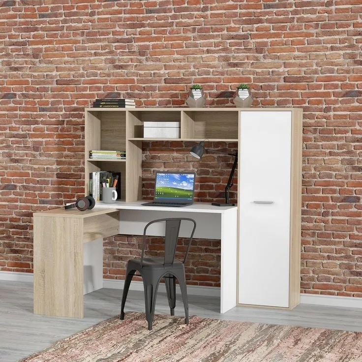 Eckschreibtisch >ERIADU< 8 Fächer, 1 Tür, Sonoma Eiche / Weiss - 173x152x116cm (BxHxT)